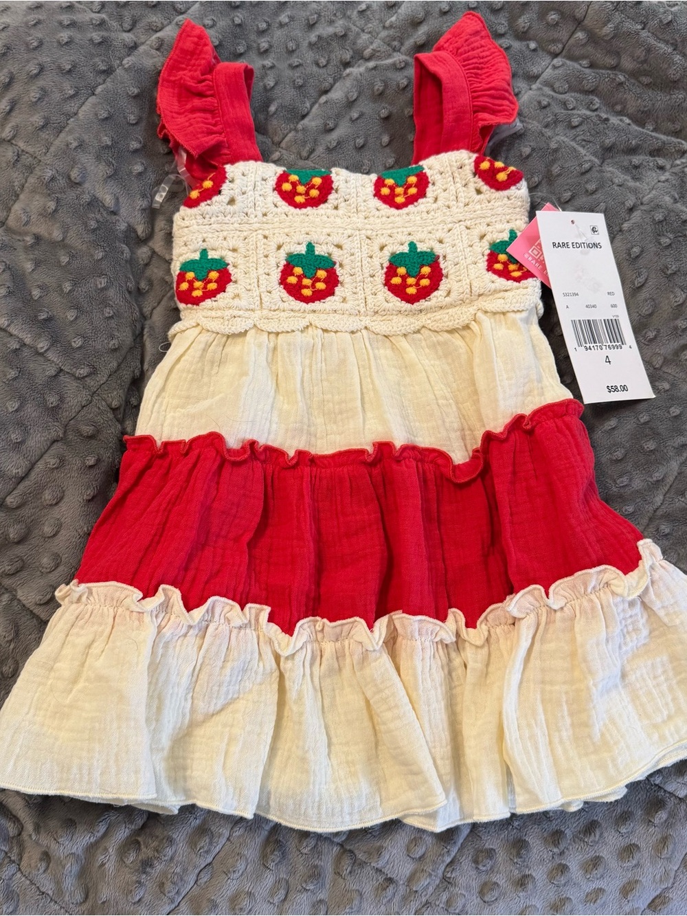 Rare Editions Crochet Strawberry Sun Dress Girl Size 4 NWT